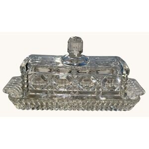 Federal Glass Windsor Clear Covered Butter Dish 8" Vintage Buttons & Cane 1970s